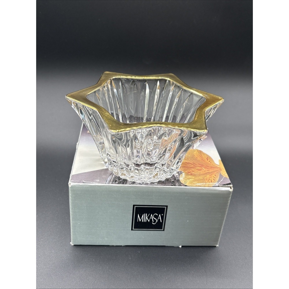 NIB Mikasa Diamond Fire Gold Crystal Star Votive Candle Holder / Candy Dish